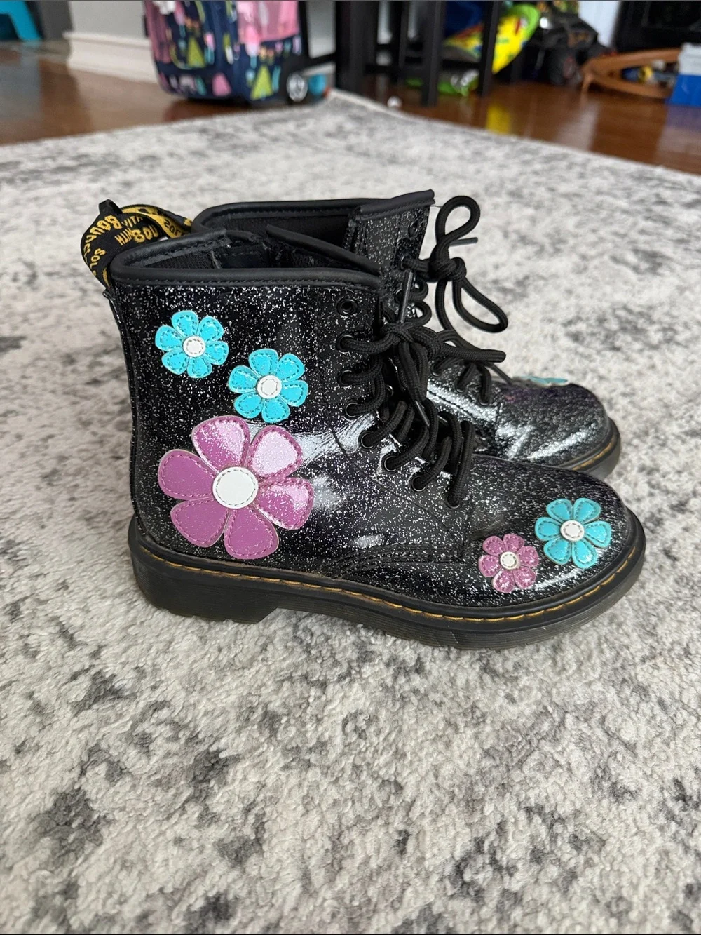 Doc Martens Black Glitter Floral Lace-Up Kids Boots with Pink & Teal Flowers